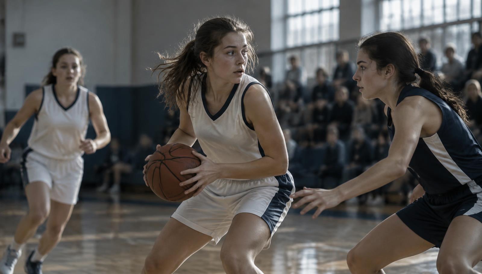 Jogadora de basquete conduzindo a bola em quadra, com defensora e companheira em movimento ao redor