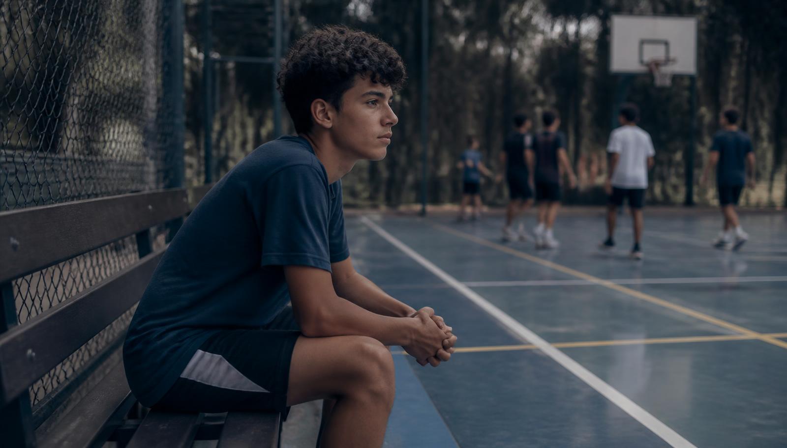Jovem atleta sentado no banco observando outros adolescentes treinando em uma quadra