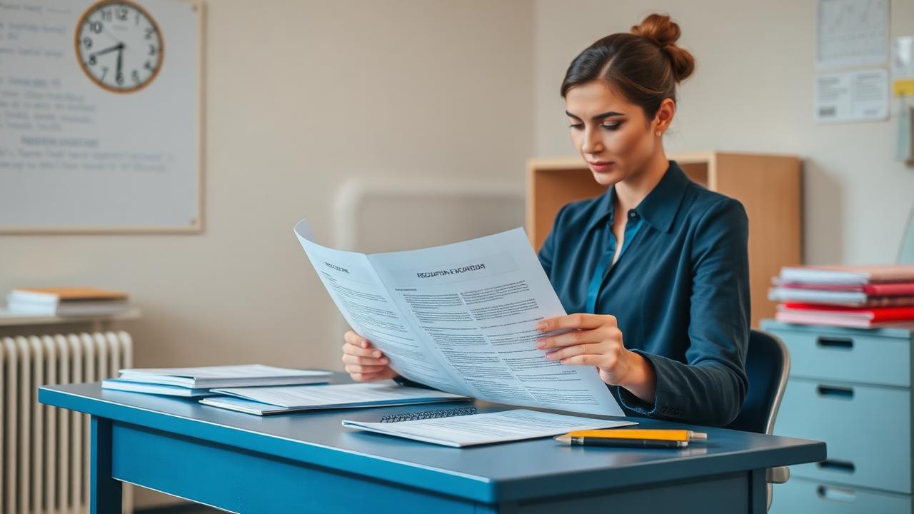 Professora analisando documentos do regimento escolar sobre a mesa