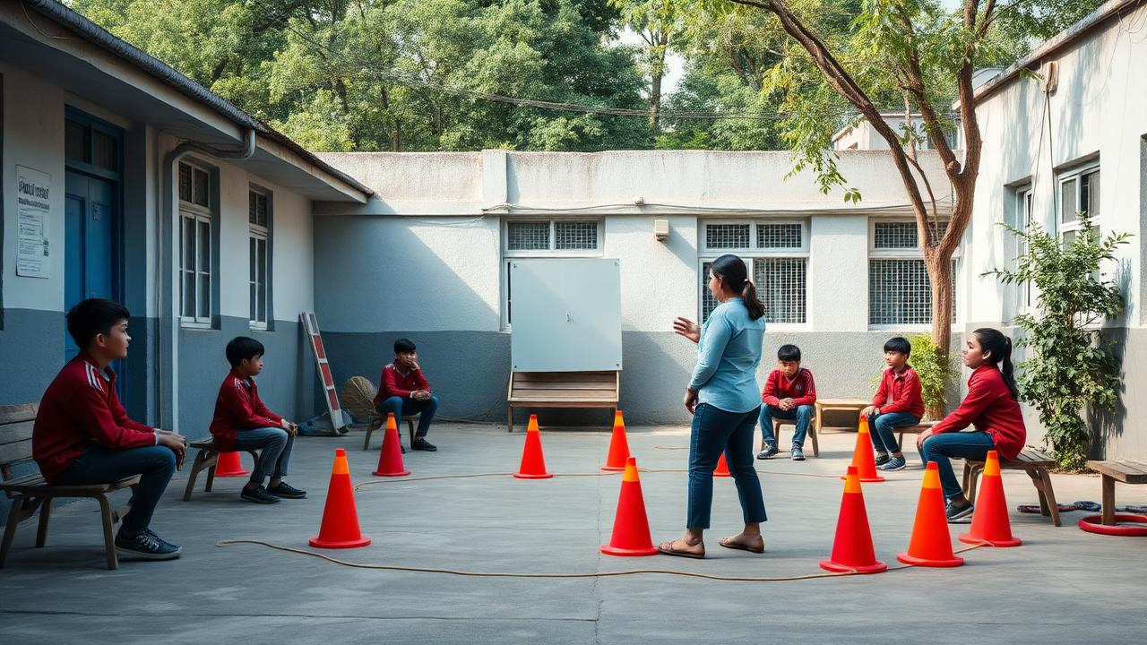 Professora conduzindo aula de Educação Física em pátio pequeno com cones e materiais alternativos