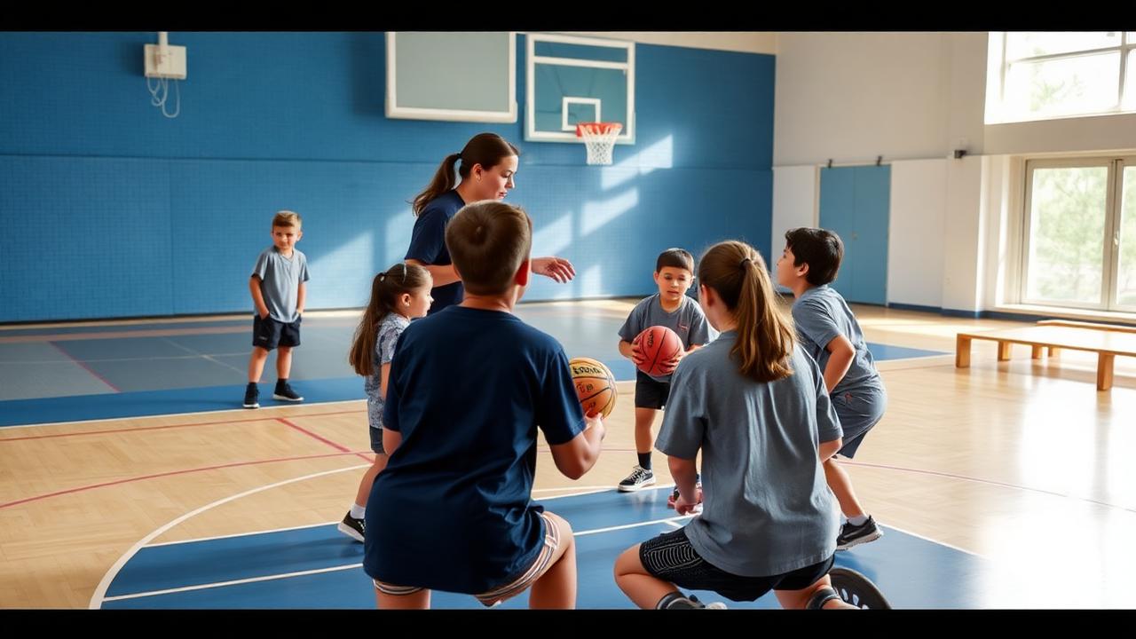 Professor conduzindo atividade de basquete adaptado com materiais alternativos na quadra da escola