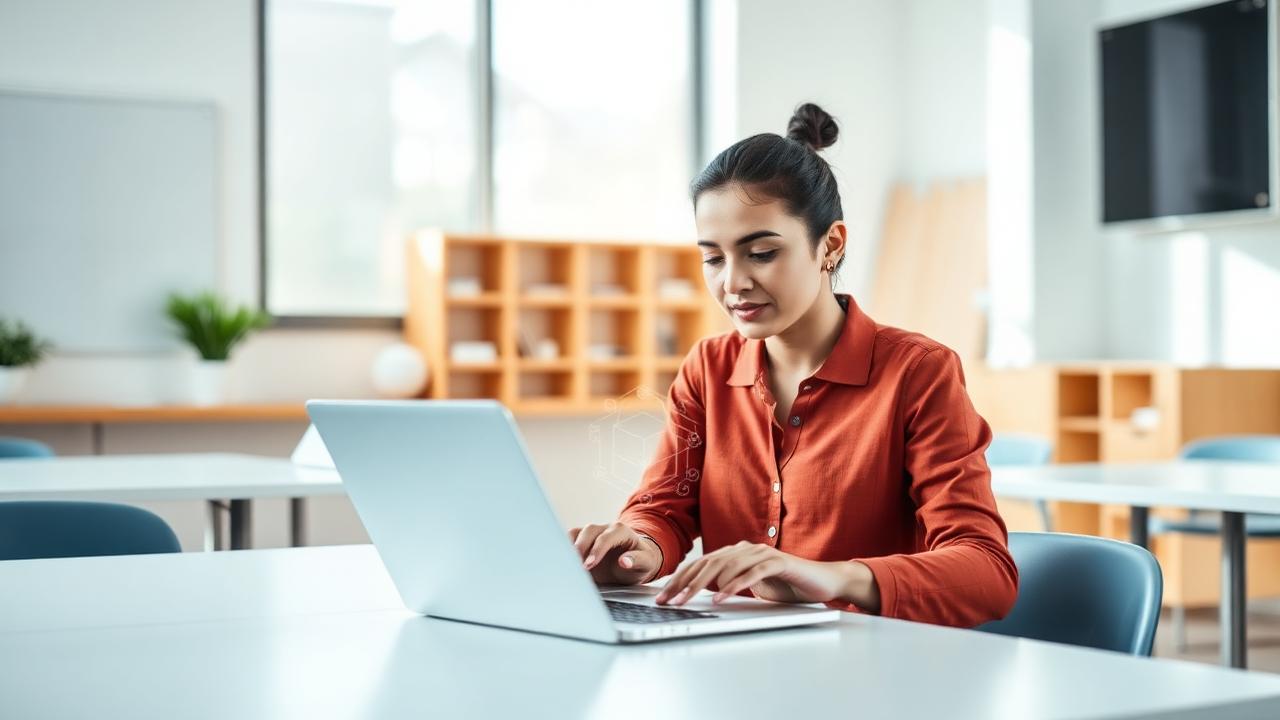 Professora utilizando notebook com recursos de Inteligência Artificial em ambiente escolar