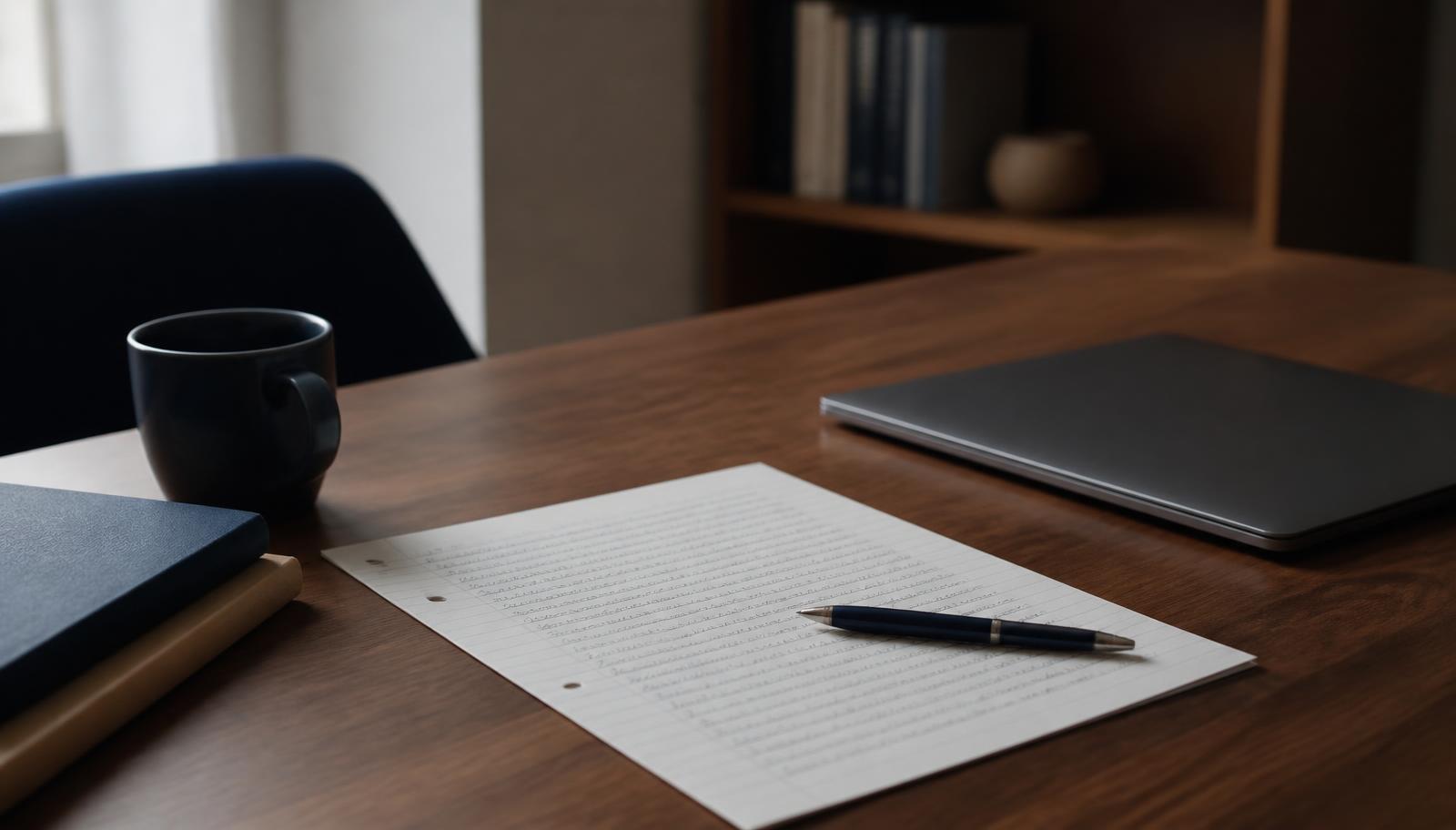 Mesa de estudo com rascunho de redação manuscrito, caneta e notebook fechado