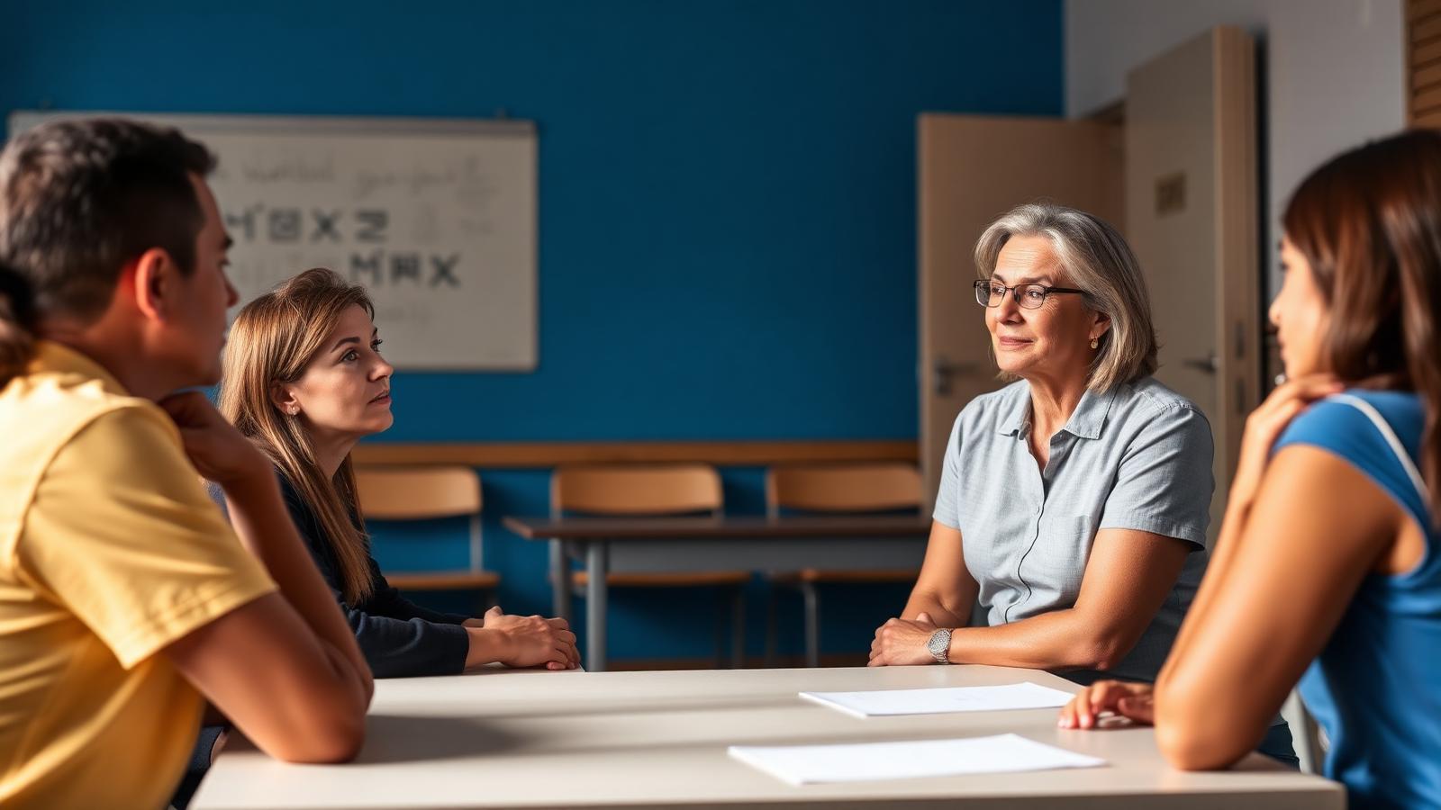 Professora conduzindo reunião pedagógica com responsáveis em ambiente escolar.